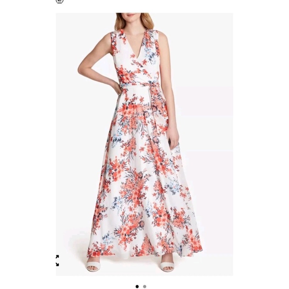 NWT Tahari Asl Women's White Floral Tie Waist Chiffon Maxi Gown Dress Size 10